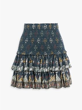 Smocked Tiered Mini Skirt in Teal Floral-Print